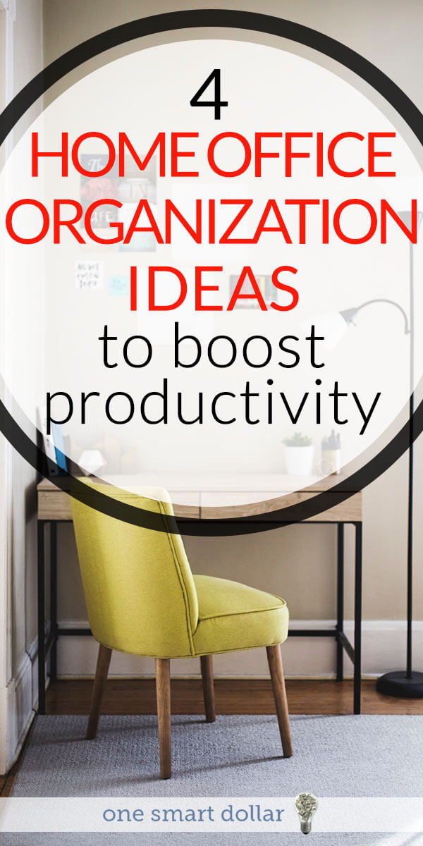 Do you work out of a home office? Here are a few organization ideas that will help boost productivity. #HomeOffice #HomeOfficeOrganization #OrganizationTips
